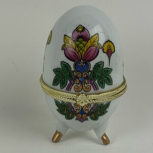 VTG - Hand-Painted 'Faberge style' Porcelain Egg Trinket Box with Gold Trim